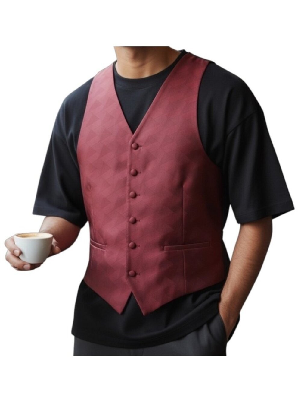 Perry Ellis Mens Formal Tuxedo Vest~Fit All 37-50~Maroon Black Geometric ~ L1453